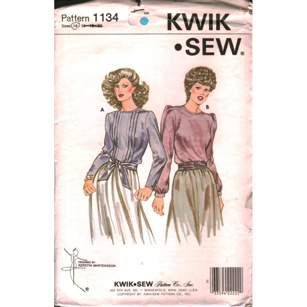 Vintage Kwik Sew 1134 Misses Blouse Sewing Pattern Size 14 Tucked‎ Pleated Top